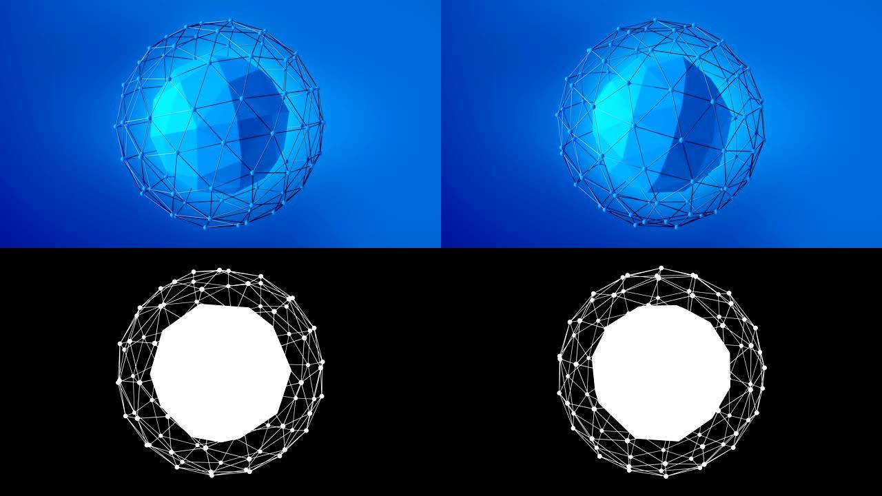 蓝色背景上有金属细管的创意水晶球人物。3D循环动画与alpha matte。