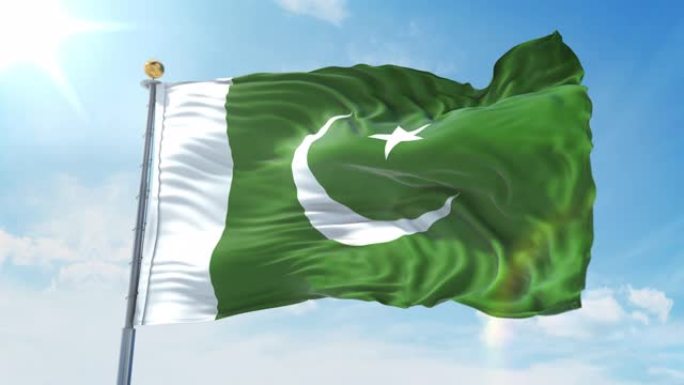 在深蓝色的天空中，巴基斯坦国旗在风中飘扬。国家主题，国际理念。3D渲染无缝循环4K