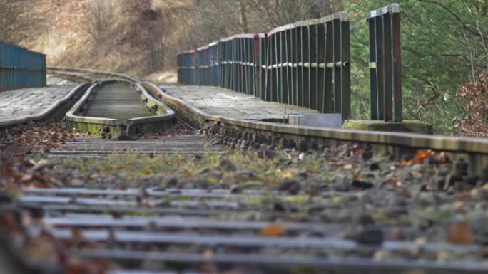 晴天秋天森林中的老生锈钢轨铁路