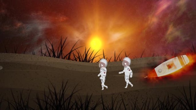 两名宇航员在不同的行星上行走，月球地球上穿着宇航服。