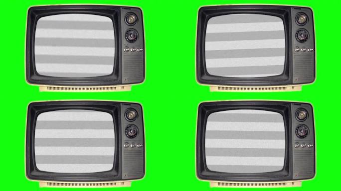 绿屏背景下尘土飞扬的旧电视上的白噪声静电