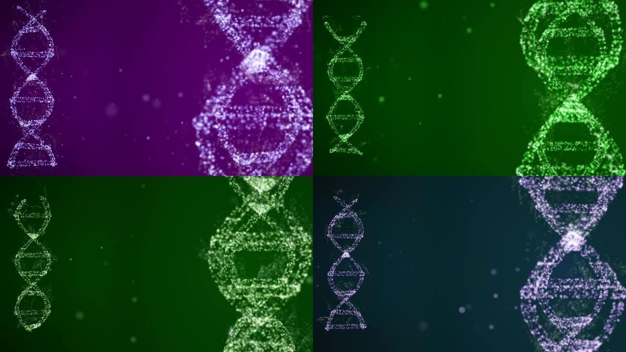 双螺旋链DNA和一个简单的DNA在黑暗背景下建模，周围有飞散的散景颗粒。