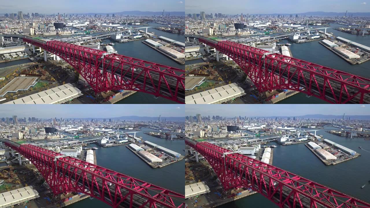日本关西大阪市的红桥高速公路，高速公路，高速公路运输，红色金属建筑的鸟瞰图。
