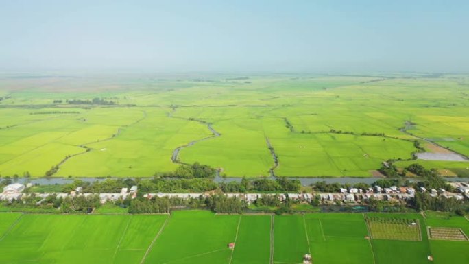 柬埔寨与越南接壤，绿色和黄色的稻田标志着越南湄公河三角洲运河周围的边界。