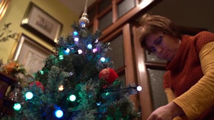 家里闪闪发光的圣诞树，点燃波克和冬天的心情。家庭主妇用五颜六色的花环、球和玩具装饰圣诞树，为庆祝圣诞