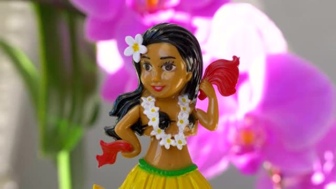 草裙舞女孩娃娃在4k慢动作60fps的花朵背景上跳舞