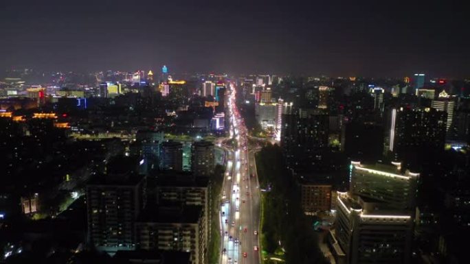 夜间照明杭州城市景观交通道路空中全景4k中国
