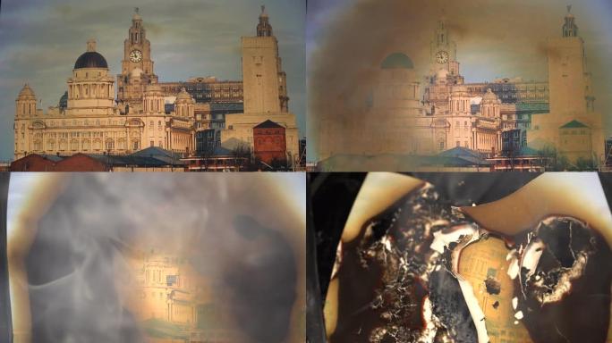 皇家肝脏大楼的闷烧照片。时间流逝。4K。