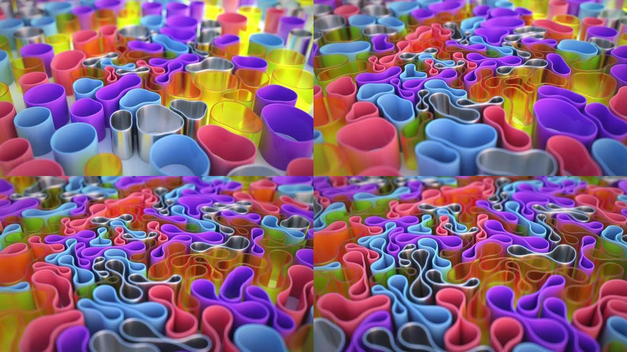 五彩3D动画构图。软圆柱管被拉向中心，移动时变形