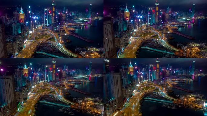 空中无人机夜间在香港维多利亚港上空超时空。