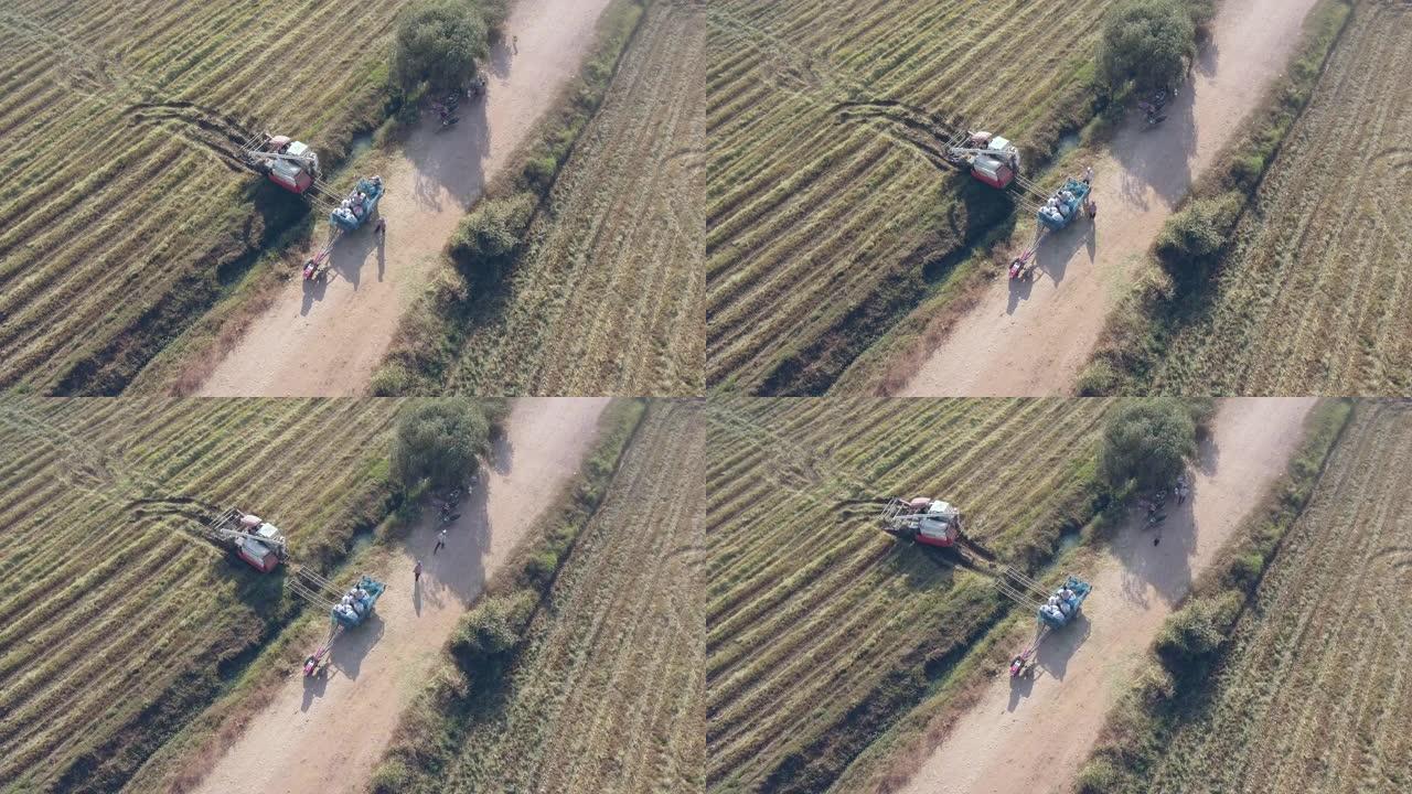 联合收割机的无人机在将收获的大米装满麻袋后返回田间