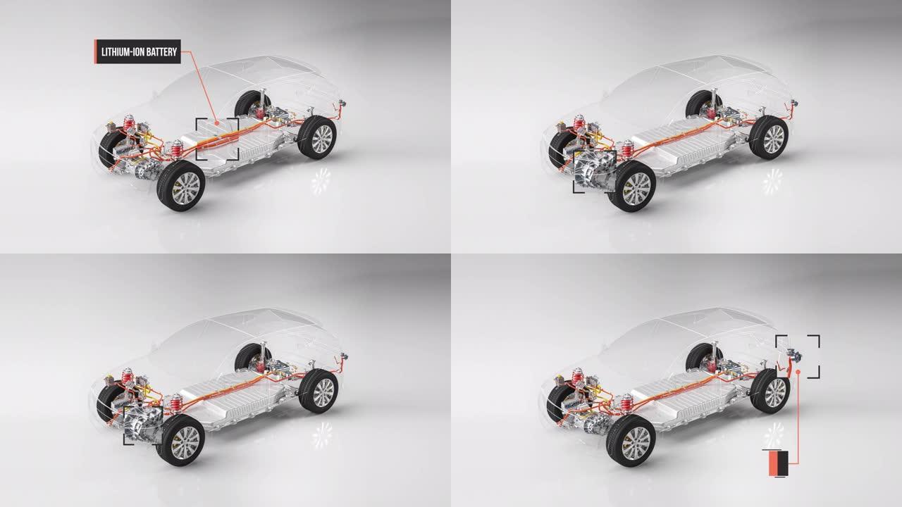 工作室环境中的电动汽车底盘x射线汽车电池线条艺术3d动画