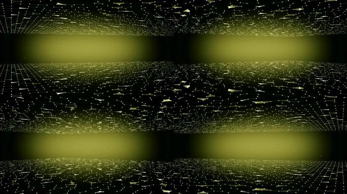 形成科幻场的动画网格线和点在黑色背景上旋转，中心为黄光。