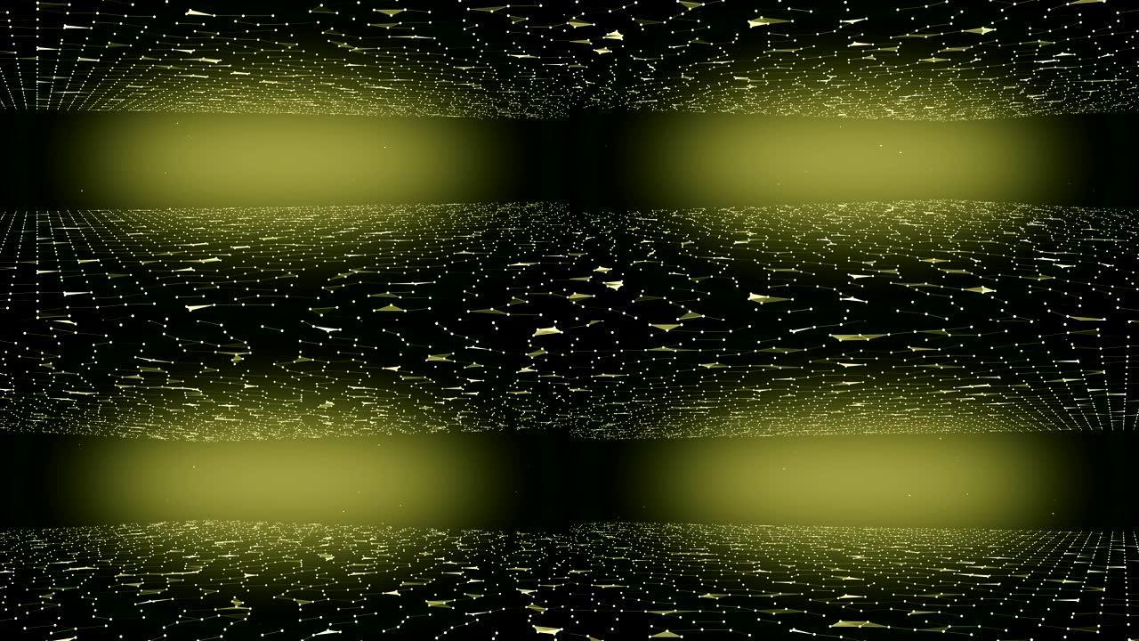 形成科幻场的动画网格线和点在黑色背景上旋转，中心为黄光。
