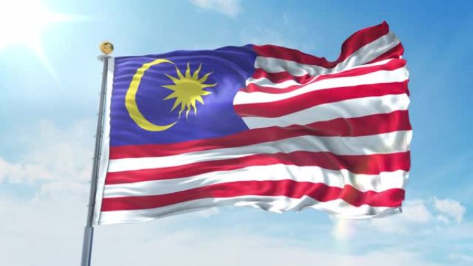 马来西亚国旗在深蓝的天空中迎风飘扬。国家主题，国际理念。3D渲染无缝循环4K