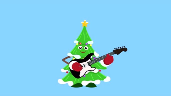 卡通小圣诞树平角色玩电吉他动画包括哑光