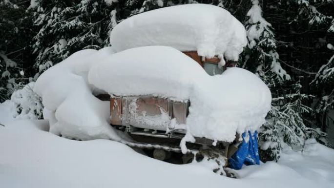 西伯利亚一个村庄的卡特彼勒拖拉机覆盖着厚厚的积雪。4K