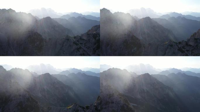 鸟瞰图，与Mangart一起飞越朱利安阿尔卑斯山的山峰。