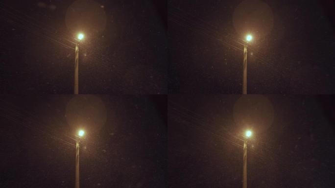 路灯照亮夜间降雪，初雪落下。