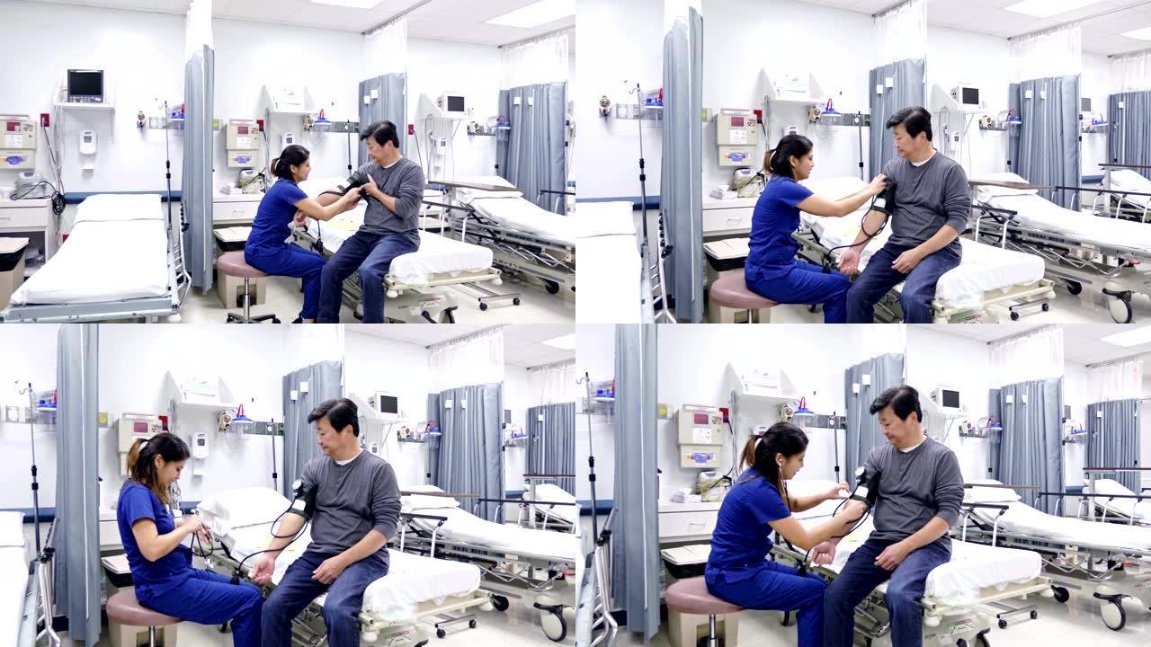 Emergency room nurse checks a senior patient's blo