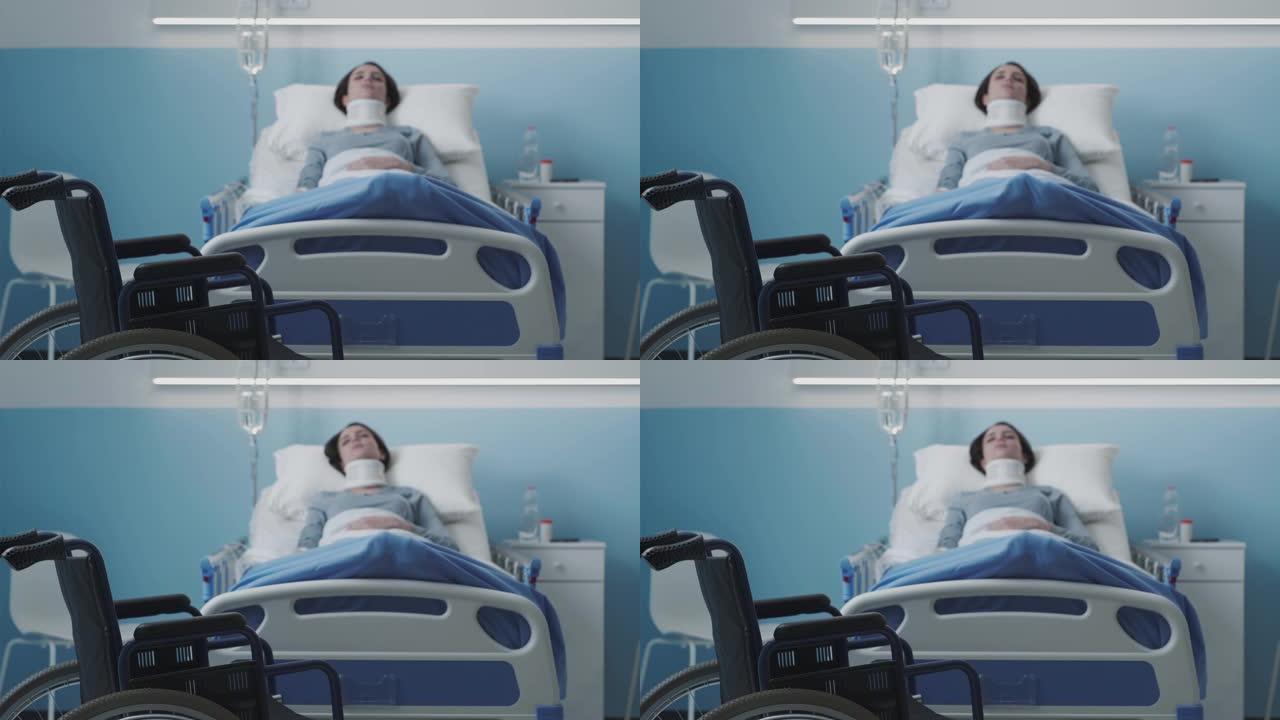受伤的妇女躺在医院的病床上，颈圈和静脉注射
