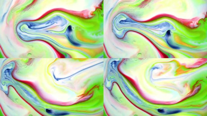 奇妙的大理石花纹，多色的漩涡状和石头状图案。漂浮在液体表面上的油漆。抽象流体艺术，运动中的墨水。五颜