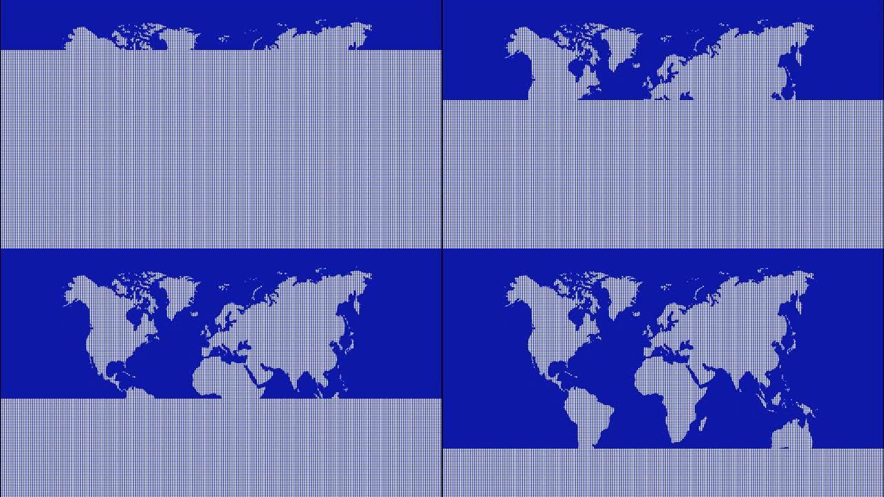 蓝色背景上的停止运动点缀抽象世界地图。点状世界地图