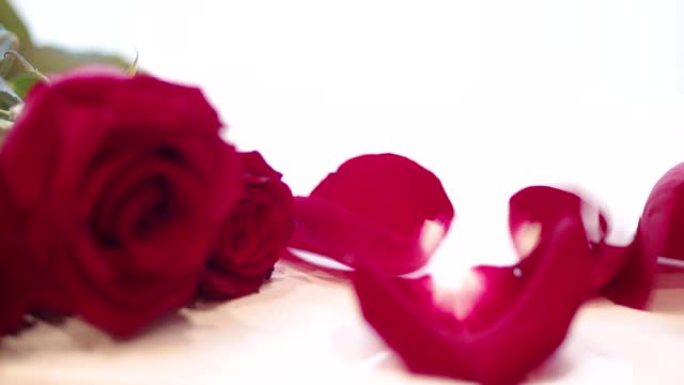 爱在空气中。情人节。安排浪漫的夜晚。婚礼准备。玫瑰花瓣装饰。