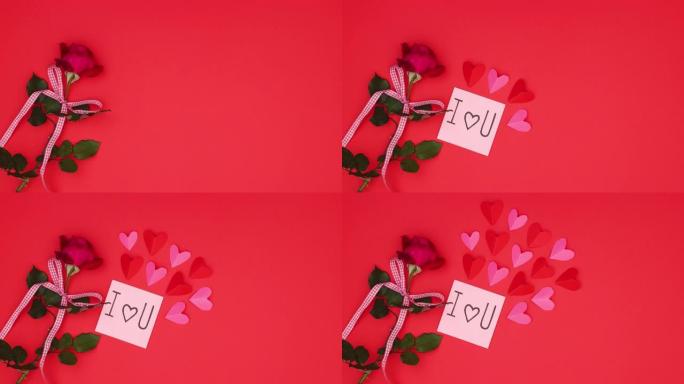 情人节装饰，音符和玫瑰出现在红色背景上-停止运动