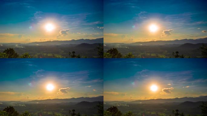 4k timelapse景观山，云和蓝天在阳光明媚的季节，在日落的旅游度假。充满活力的日落天空在清晨