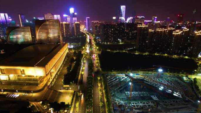 杭州滨江奥体中心奔竞大道车流夜晚夜景延时