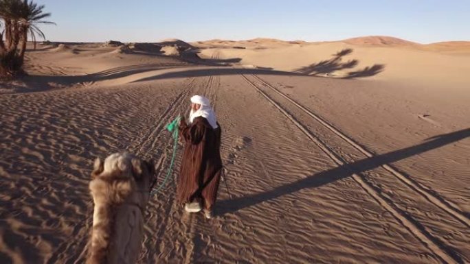 导游带领的撒哈拉骆驼列车上的游客
