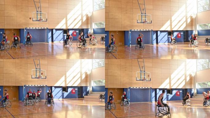 轮椅篮球运动员在健身房练习射击