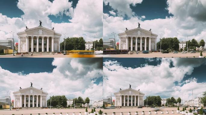 白俄罗斯戈梅利。夏日在列宁广场上建造戈梅利地区戏剧剧院。