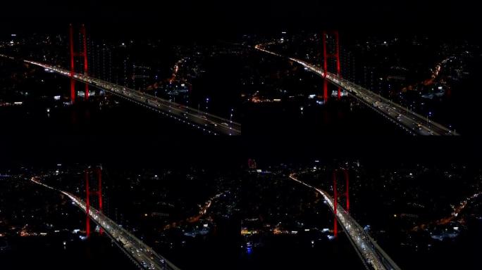 鸟瞰图伊斯坦布尔博斯普鲁斯海峡海滨和夜间桥梁