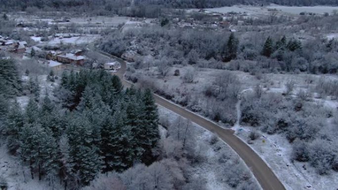 村庄积雪的松树和房屋的鸟瞰图