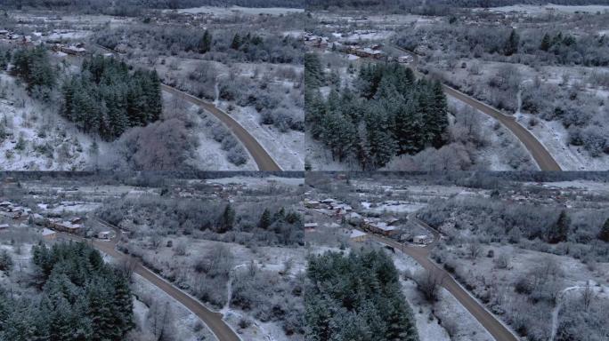 村庄积雪的松树和房屋的鸟瞰图