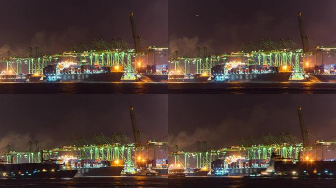 新加坡夜间集装箱工业仓库的工作起重机，夜间延时视频