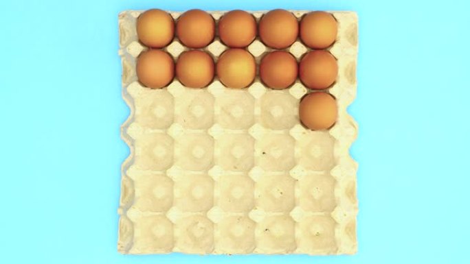鸡蛋盒子，鸡蛋移动和消失-停止运动从蓝色背景的纸板箱中消失-停止运动