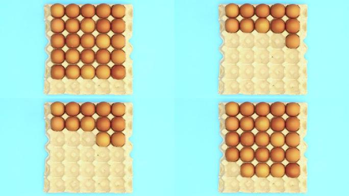 鸡蛋盒子，鸡蛋移动和消失-停止运动从蓝色背景的纸板箱中消失-停止运动