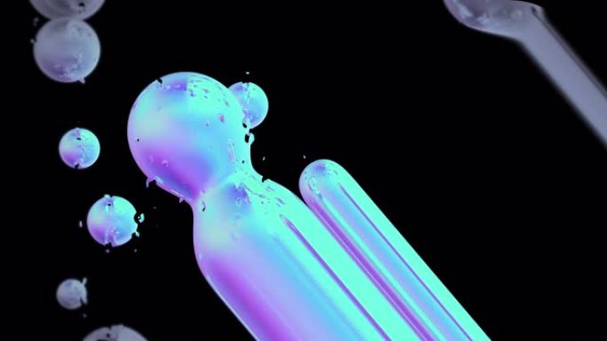 抽象3d几何艺术与流体漂浮的液体斑点，肥皂泡。带有雨滴和刮擦效果的运动图形。