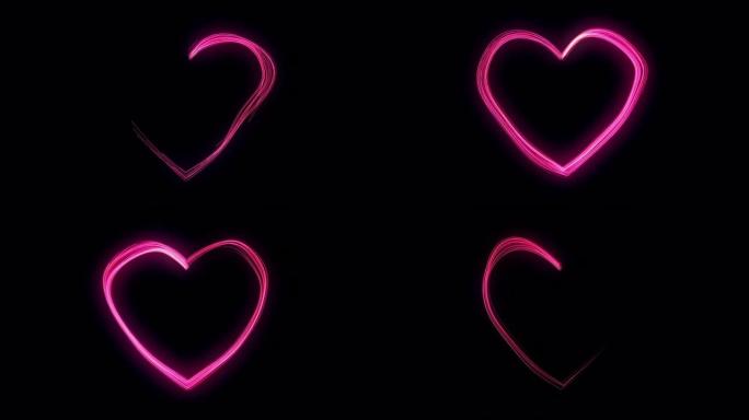 情人节节日和豪华霓虹灯心3D动画，明亮的流