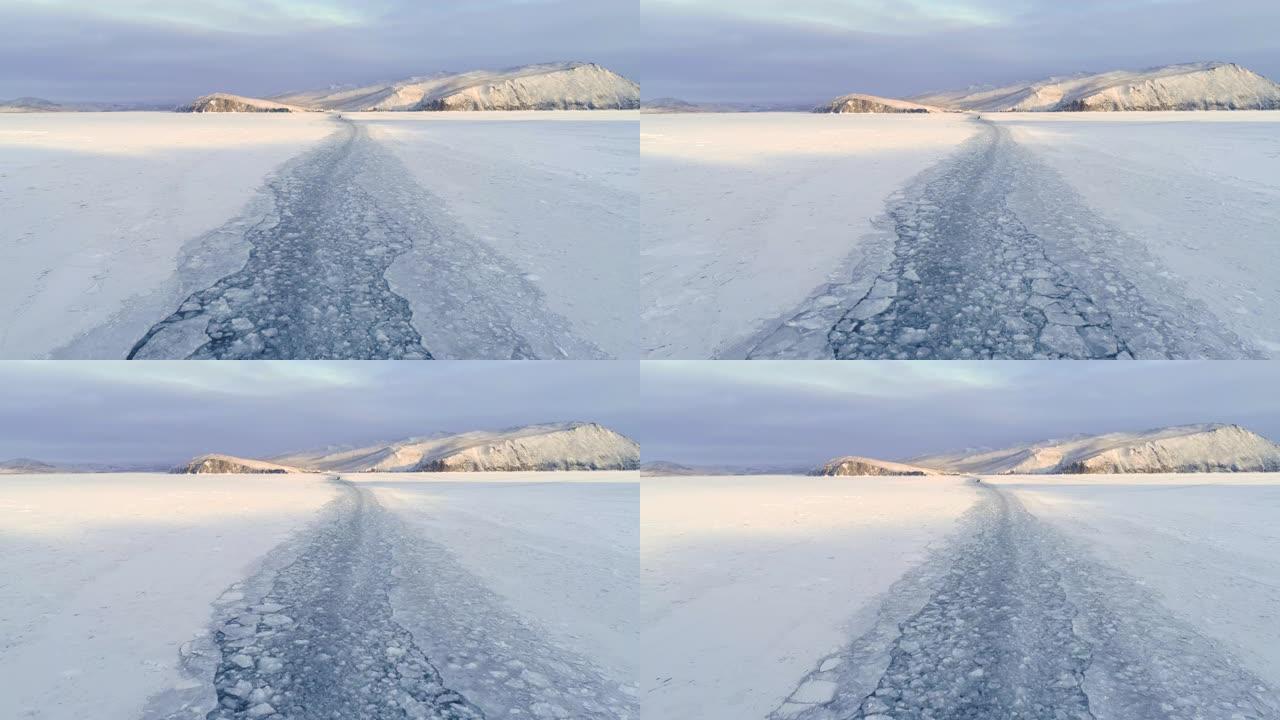 美丽的冬季景观，白雪皑皑的贝加尔湖表面。