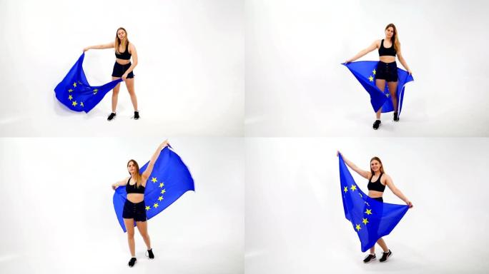 美丽的金发女郎呈现欧盟旗帜