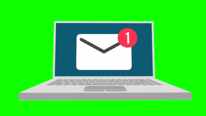 带信封邮件通知的笔记本电脑。绿色屏幕上接收电子邮件的符号。