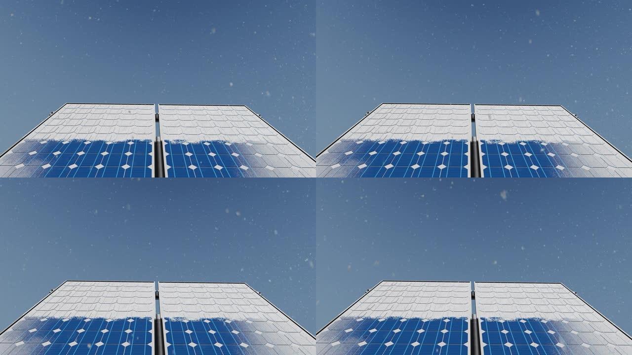 4k光伏太阳能电池板，上面有雪