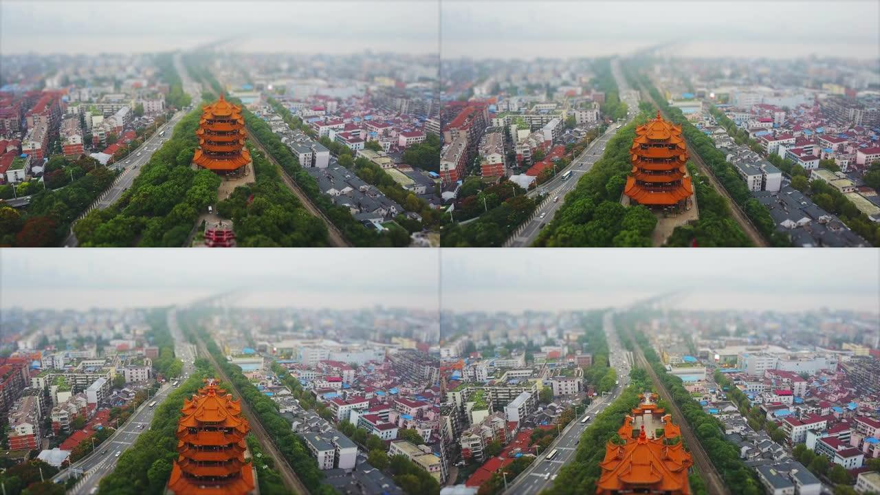 白天时间武汉城市景观黄鹤寺交通道路空中全景4k倾斜移位中国