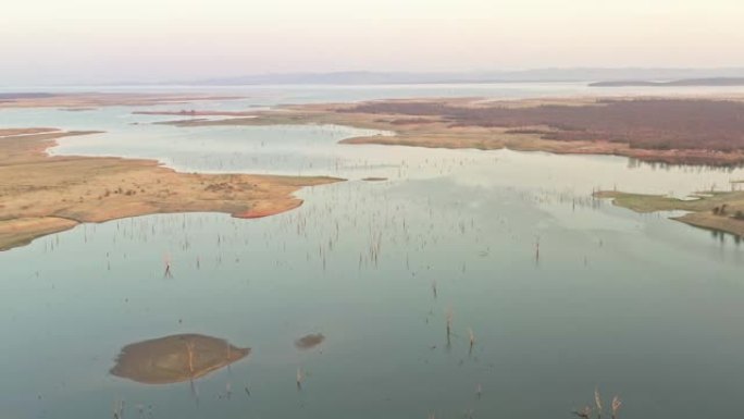 非洲津巴布韦的卡里巴湖。空中景观，水中树木，鳄鱼，鸟类和河马