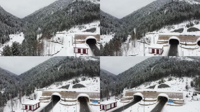 无人机飞越白雪覆盖的森林，卡斯塔莫努市伊尔加兹山隧道，土耳其