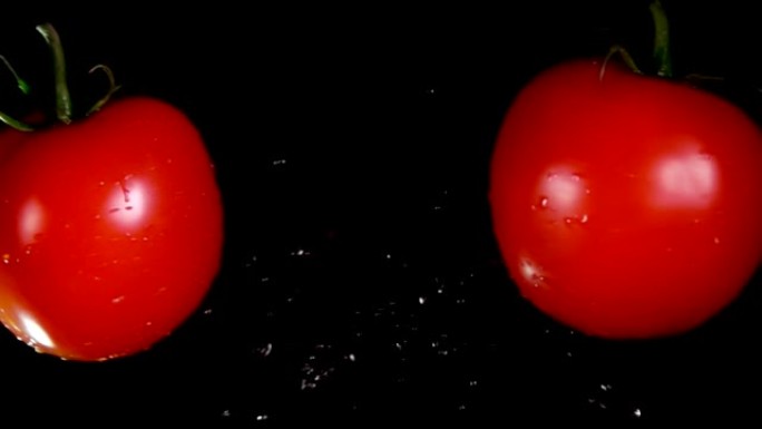 两个成熟的红色西红柿在黑色背景上飞行并碰撞